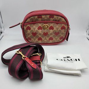 Coach Camera Bag in Signature Canvas with Heart Print C8390 Tan Red Apple